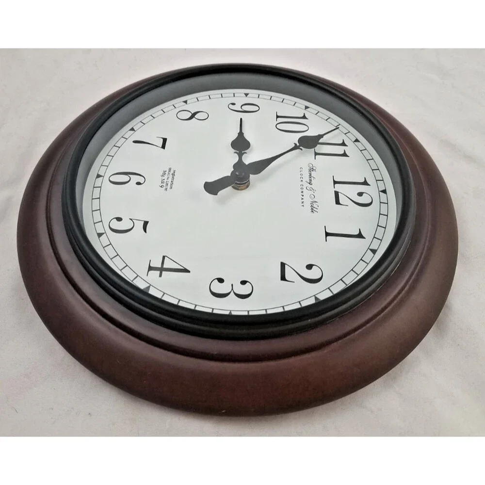 Sterling & Noble Round Wall Clock 12” Dark Walnut Frame Metal Case Excellent